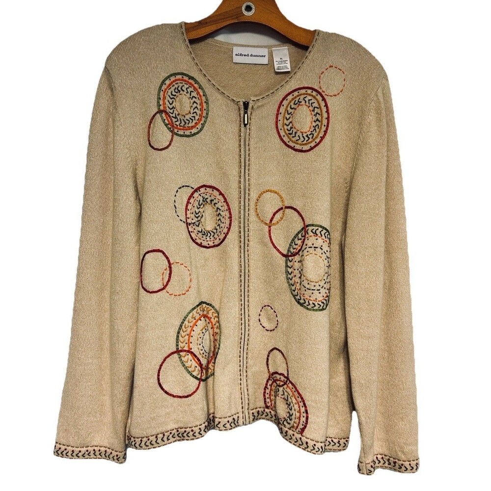 VTG Alfred Dunner Ramie Cotton Knit Cardigan Women XL Embroidered Geometric Zip